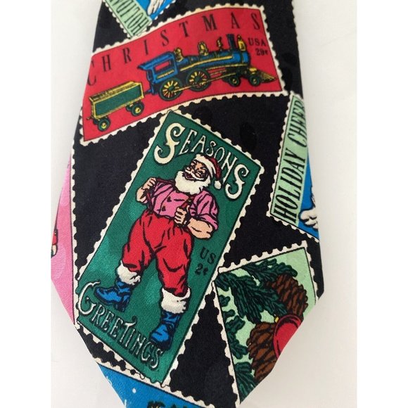 Vintage Addiction 1991 Christmas Santa Postcard Tie 100% Silk Holiday Multi Wide - Picture 3 of 16